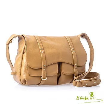 【手感的秀】小牛皮魅麗馬鞍風多口袋二用包(清新杏)