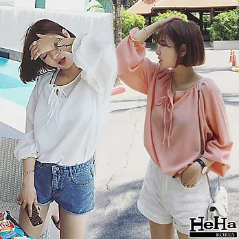 上衣 雪紡寬鬆繫帶長袖娃娃衫 二色-HeHa-FREE(粉色)