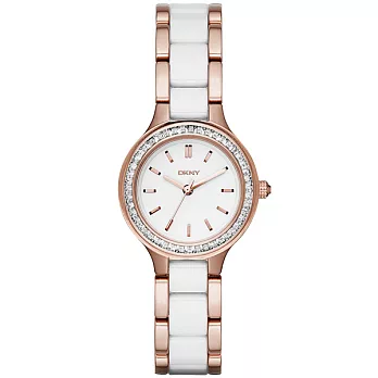 DKNY 佛羅倫斯晶鑽陶瓷腕錶-玫瑰金x雙材質錶帶