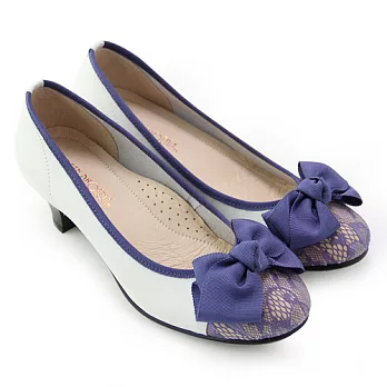 ◤Green Phoenix◥春漾雙層緞面蝴蝶結蕾絲緹花布全真皮低粗跟包鞋5米色