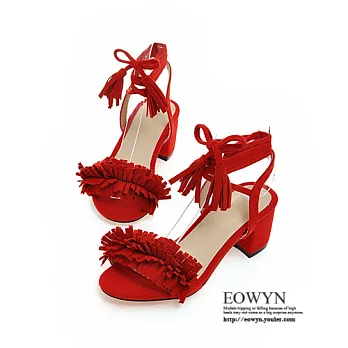 EOWYN.潮流新款流蘇系帶粗中跟羅馬涼鞋EMD04387-68/4色/34-39碼現貨+預購34紅色