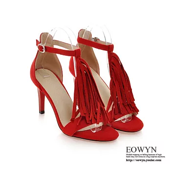 EOWYN.歐美新款流蘇釦環細跟高跟涼鞋EMD04388-69/4色/34-39碼現貨+預購34紅色