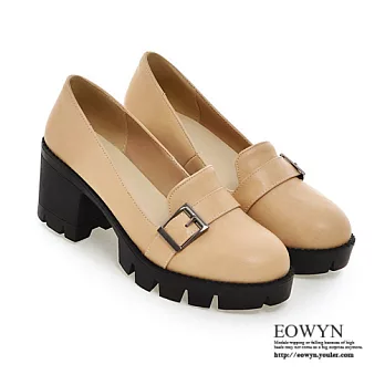 EOWYN.時尚韓版釦環粗跟中跟包鞋/牛津鞋EMD04399-68/3色/34-39碼現貨+預購34杏色