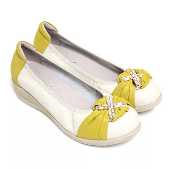 ◤Green Phoenix◥輕柔恬靜撞色壓克力水鑽金屬X束口全真皮小坡跟輕量娃娃鞋34米色