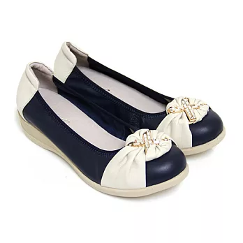 ◤Green Phoenix◥輕柔恬靜撞色壓克力水鑽金屬X束口全真皮小坡跟輕量娃娃鞋36深藍色