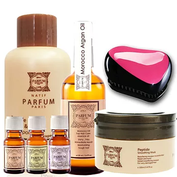 Parfum 巴黎帕芬 胜肽養護髮聯盟暢銷7件組(經典香水摩洛哥胜肽護髮油100mlX1(3款可選)+滋養修護胜肽護髮膜100mlX1+護髮油10mlX3+育髮洗髮精12白麝香