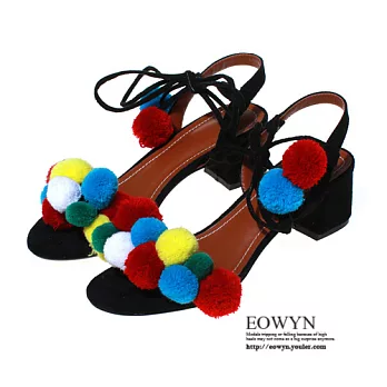 EOWYN.韓系甜美可愛彩色毛球系帶粗跟涼鞋EMD04433-89/4色/34-39碼現貨+預購34黑色