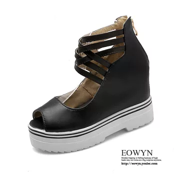 EOWYN．時尚新款涼鞋線條交叉拉鏈內增高魚口鞋EMD04446-69/4色/34-39碼現貨+預購34黑色
