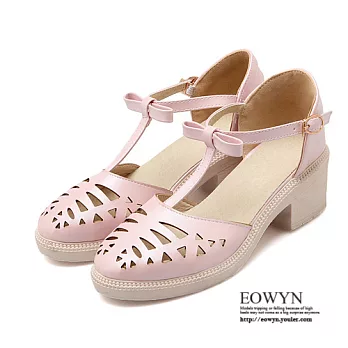 EOWYN.新款百搭T字蝴蝶結釦環圓頭粗跟涼鞋EMD04448-54/3色/34-39碼現貨+預購34粉色
