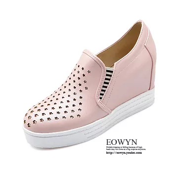 EOWYN.韓版新款圓頭透氣洞洞休閒平底內增高包鞋EMD04449-66/4色/34-39碼現貨+預購34粉色