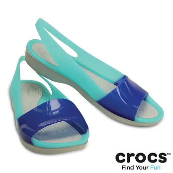 Crocs - 女款 - 色彩布駱格亮透平底鞋 -35蔚藍/珍珠白色