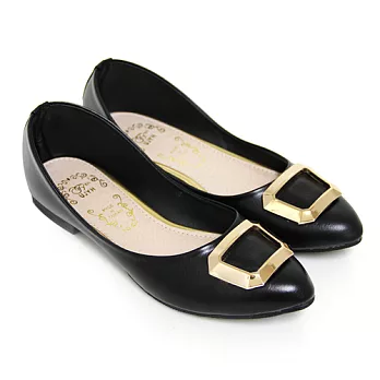 【Pretty】時尚金屬方框尖頭平底鞋22.5黑色