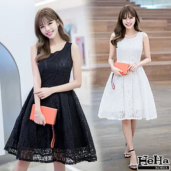 洋裝 無袖後拉鍊高腰蕾絲蓬蓬裙 二色-HeHa-S(黑色)