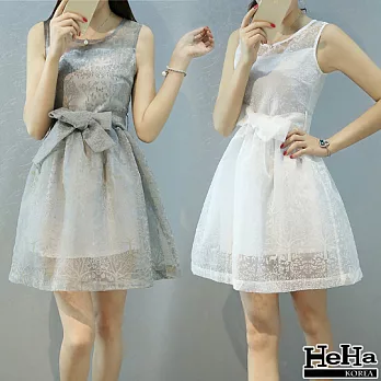 洋裝 無袖歐根紗蓬蓬連身裙 二色(贈腰帶)-HeHa-M(灰色)