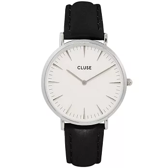 (預購)5/1~5/7 Cluse 波西米亞銀色系列 白錶盤/黑皮革錶帶手錶38mm