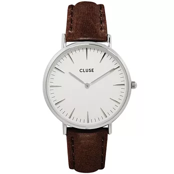 (預購)5/1~5/7 Cluse 波西米亞銀色系列 白錶盤/棕皮革錶帶手錶38mm
