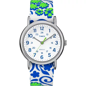 【TIMEX 】天美時復刻Weekender系列彩繪花朵手錶 /一帶兩穿 (銀/綠 TXT2P90300)