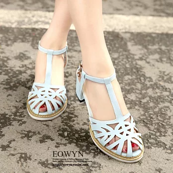 EOWYN.韓系圓頭T字釦環粗跟高跟涼鞋EMD04454-77/4色/34-39碼現貨+預購34藍色