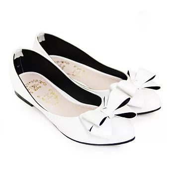 【Pretty】雙層蝴蝶結尖頭平底鞋22.5白色
