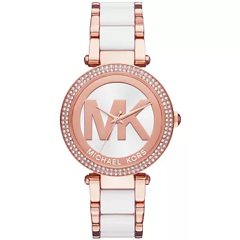 Michael Kors恬雅高貴晶鑽時尚腕錶-玫瑰金X雙色錶帶