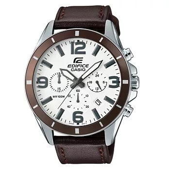 CASIO EDIFICE 經典三眼渦輪男性時尚運動錶款-白面皮革-EFR-553L-7B