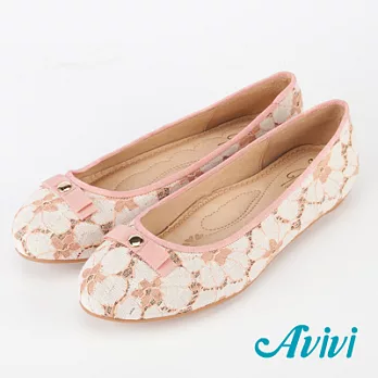 【U】Avivi - 蕾絲雕花蝴蝶結娃娃鞋(二色可選)EUR34 - 粉紅色