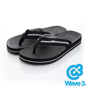 WAVE 3 (男) - 學院風 仿織帶立體LOGO厚底人字夾腳拖鞋 - 黑M黑