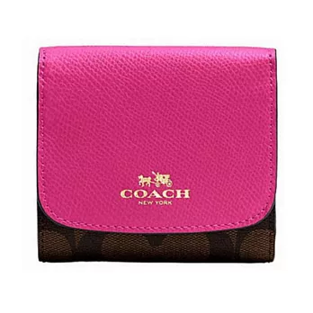 【COACH】LOGO真皮折疊短夾(玫紅53837)