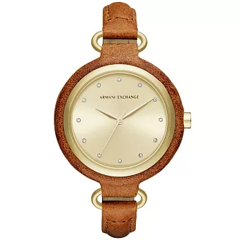 A│X Armani Exchange 氣質尤物晶鑽皮帶腕錶-金x皮帶咖啡