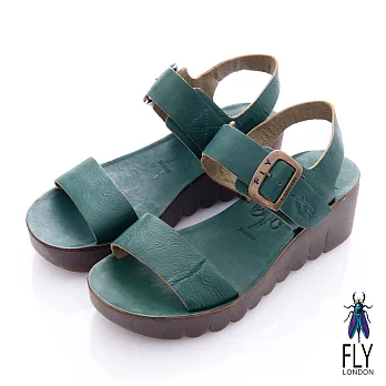 Fly London(女) JAMINE 露背踝扣牛皮楔型涼鞋-藍綠36綠