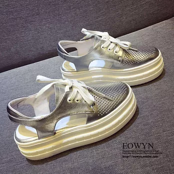 EOWYN.歐美圓頭後鏤空綁帶休閒厚底平底涼鞋EMD04564-90/5色/34-39碼現貨+預購34銀色