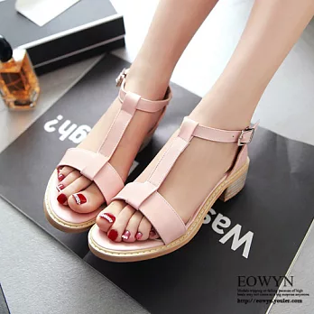 EOWYN.韓版新款T字釦環蘩裸粗跟低跟涼鞋EMD04576-61/3色/34-39碼現貨+預購34粉色