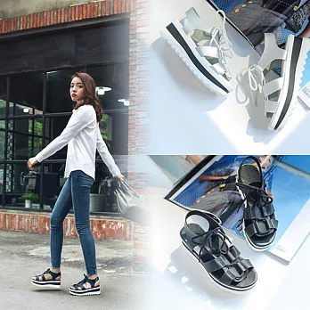 EOWYN.韓版潮流新款系帶圓頭平底厚底涼鞋EMD04597-66/2色/34-39碼現貨+預購34黑色