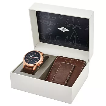 FOSSIL 古典伯爵三環計時網路獨家限量套錶-玫瑰金框藍