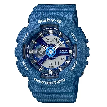 Baby-G 不敗牛仔丹寧系列雙顯新設計時尚優質運動限量腕錶-藍-BA-110DC-2A2