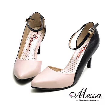 【Messa米莎專櫃女鞋】MIT側鏤空拼接繫踝內真皮尖頭高跟鞋-米色35米色