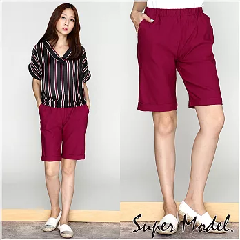 【名模衣櫃】繽紛色系 鬆緊五分反摺褲-共2色(M-XXL可選)M紫紅