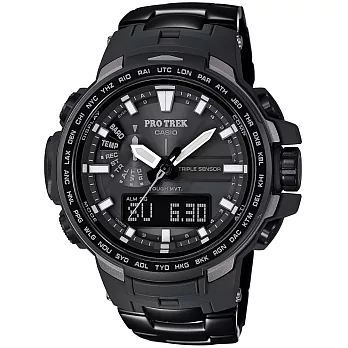 CASIO PRO TREK 浩瀚山嶽電波登山錶-黑x鈦錶帶