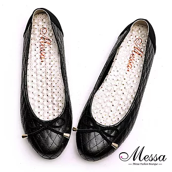 【Messa米莎專櫃女鞋】MIT氣質名媛格菱紋圓頭內真皮娃娃鞋-黑色36黑色