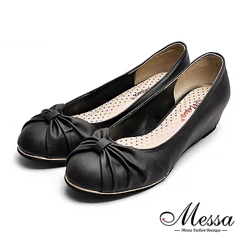 【Messa米莎專櫃女鞋】MIT優雅扭結金屬夾心內增高娃娃鞋-黑色35黑色