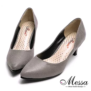【Messa米莎專櫃女鞋】MIT簡約壓紋內真皮尖頭高跟包鞋-灰色35灰色