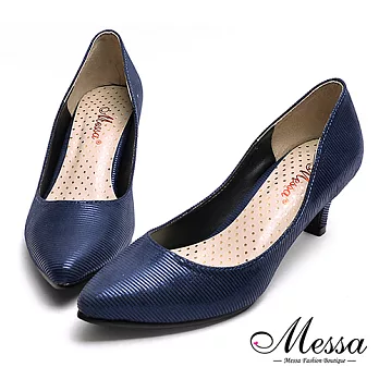 【Messa米莎專櫃女鞋】MIT簡約壓紋內真皮尖頭高跟包鞋-藍色35藍色