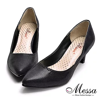 【Messa米莎專櫃女鞋】MIT簡約壓紋內真皮尖頭高跟包鞋-黑色35黑色