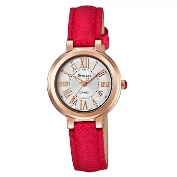 CASIO SHEEN 知性與感性的美人風采時尚優質女士腕錶-玫瑰金+紅皮革-SHE-4029PGL-7A