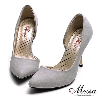 【Messa米莎專櫃女鞋】MIT尖頭蜜桃絨側鏤空金屬高跟包鞋-灰色35灰色