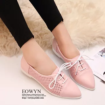 EOWYN.春夏新款包鞋尖頭系帶網紗休閒平底鞋EMD04660-68/2色/34-39碼現貨+預購34粉色