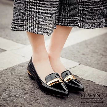 EOWYN.時尚新款撞色尖頭淺口粗跟低跟包鞋EMD04665-77/2色/34-39碼現貨+預購34黑色