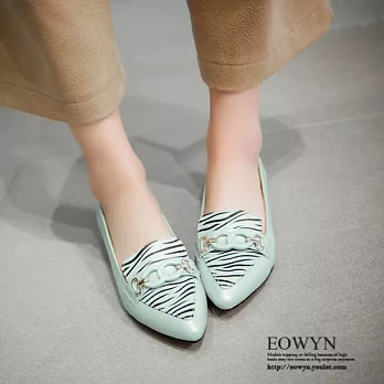 EOWYN.流行時尚新款尖頭拼色淺口粗跟低跟包鞋EMD04666-74/2色/34-39碼現貨+預購34藍色