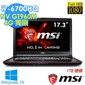 【MSI 微星】GP72 6QF-483TW 17.3吋《1TB》i7-6700HQ GTX960-4G獨顯 FHD電競筆電-Win10