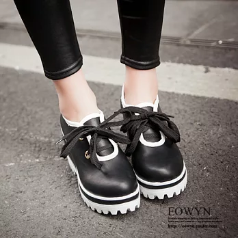 EOWYN.2016韓版新款系帶圓頭拼色休閒坡跟楔型包鞋EMD04684-65/3色/34-39碼現貨+預購34黑色